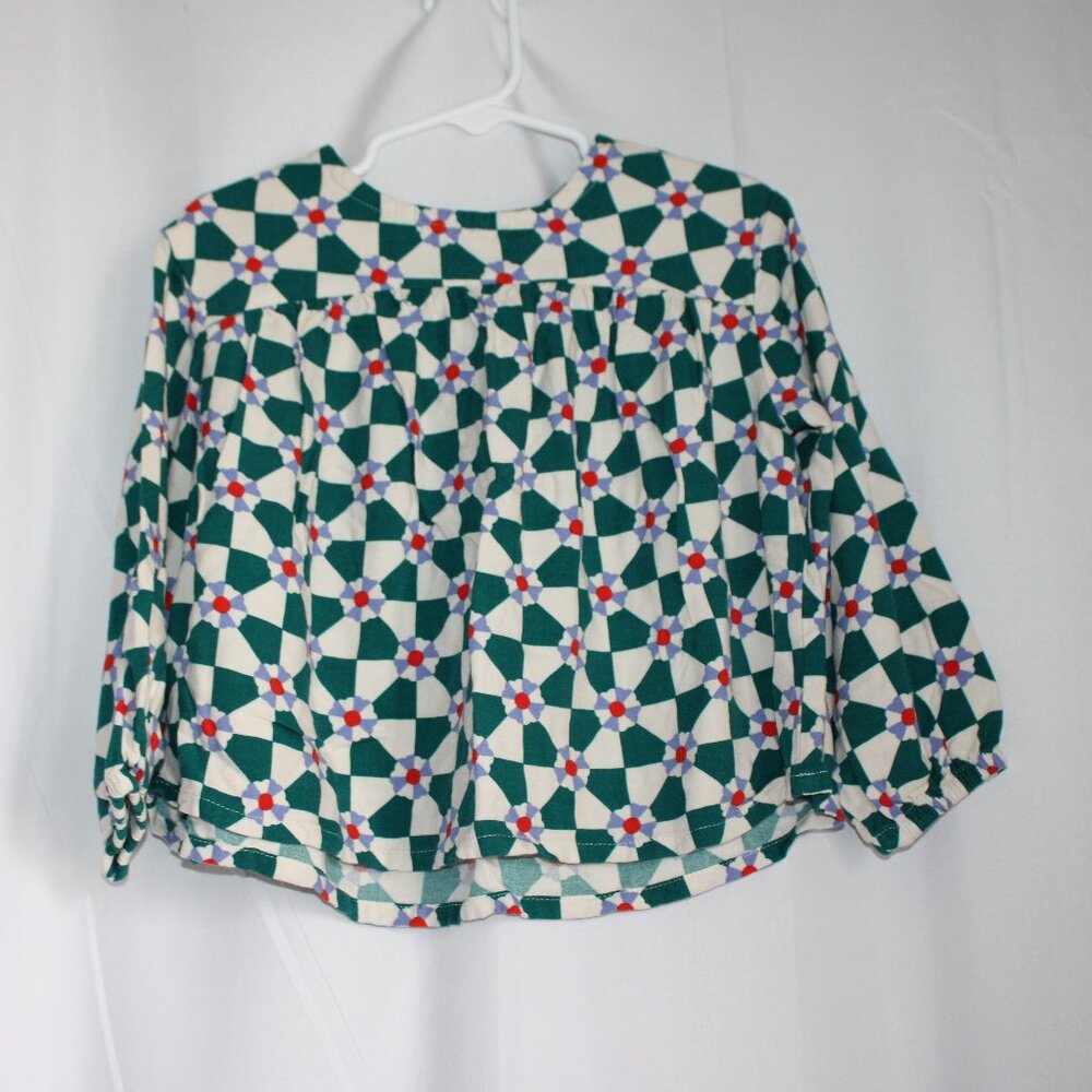 Hanna Andersson Green White Floral Geometric Girl's Long Sleeve Blouse Pleated 4
